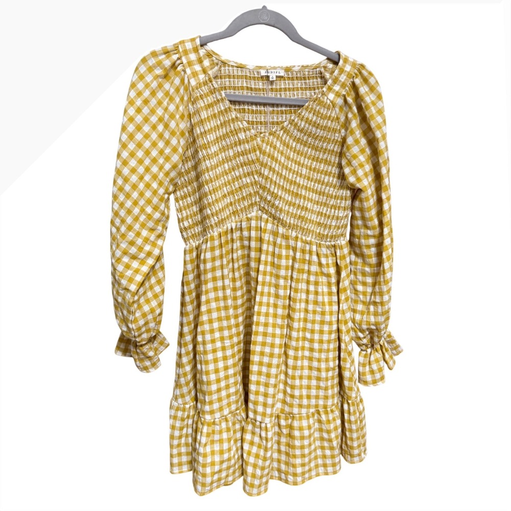 Jodifl Mini Dress Gingham Smocked‎  S Yellow New Cotton Long Sleeve Boho